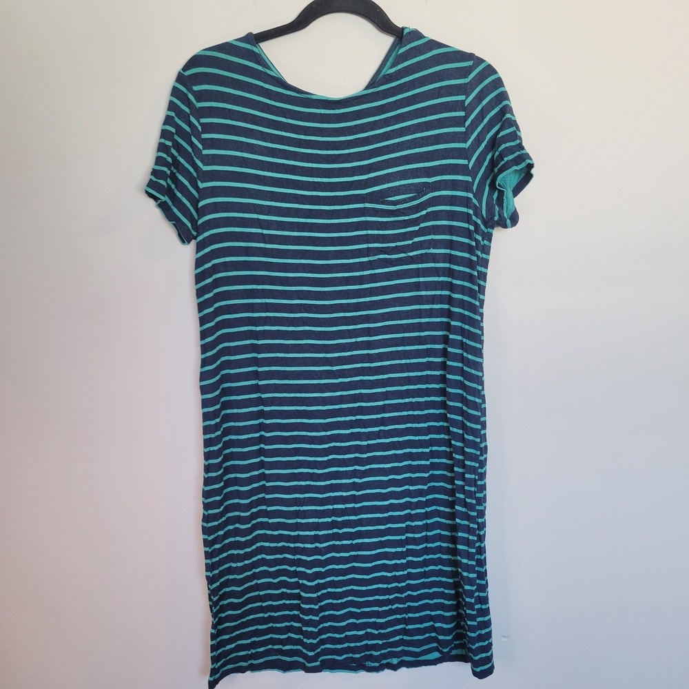 Maurices 24/7 Womens Medium Teal Navy Striped Short Sleeve T-Shirt Dress Keyhole